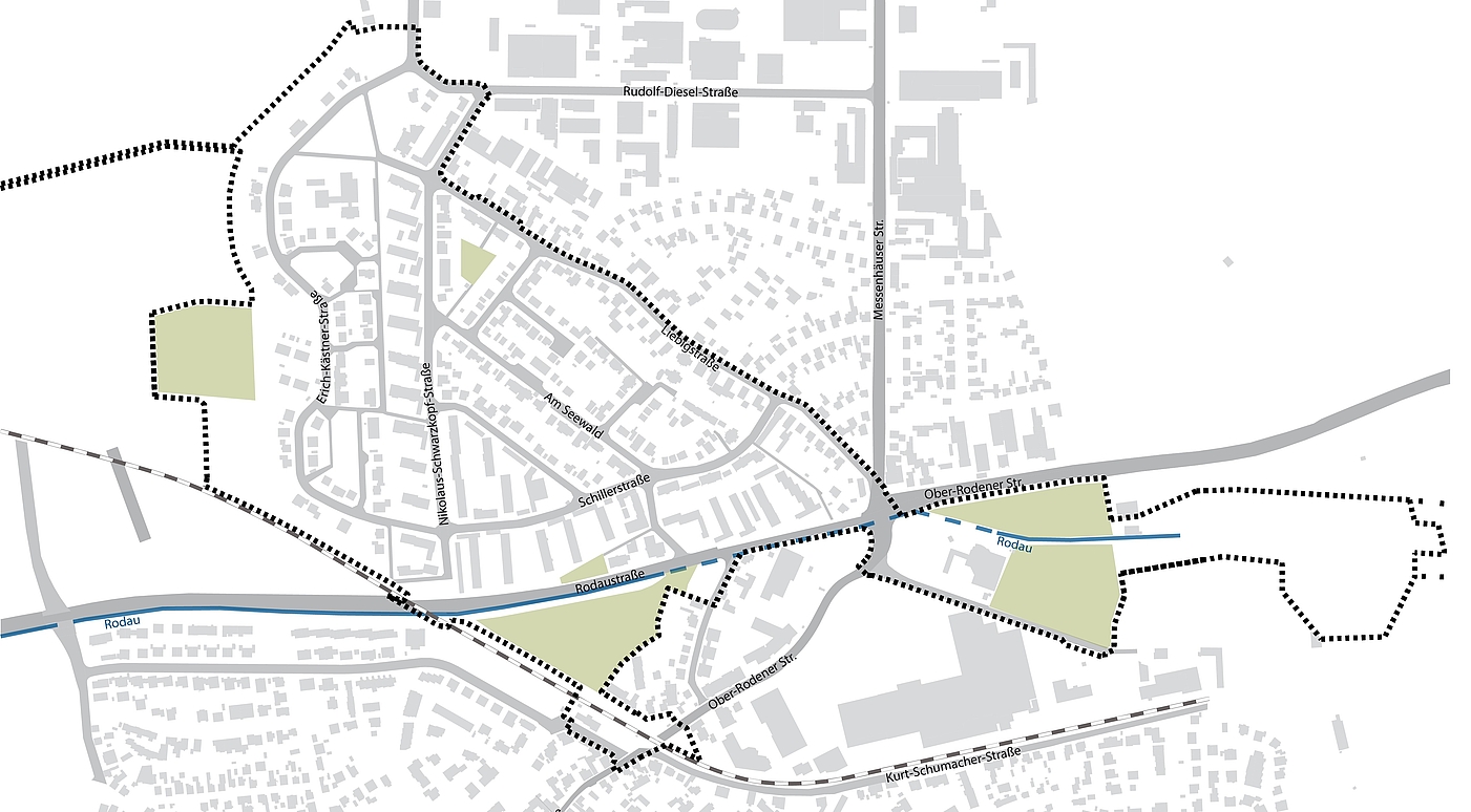 Plan des Fördergebiets Urberach-Nord, das Gebiet ist in hellgrün in eine grafische Karte eingezeichnet.