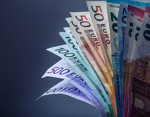 Mehrere hundert Euro-Banknoten, nach Wert sortiert gestapelt.