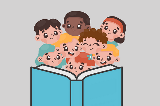 Hinter einem aufgeschlagenen Buch schauen viele Kinder in das Buch