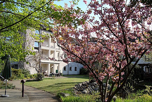 Blick auf das Haus Morija, im Vordergrund blühende Magnolien.