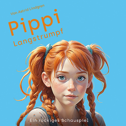 Mädchen mit roten Zöpfen vor dem Schriftzug Pippi Langstrumpf von Astrid Lindgren - ein rockiges Schauspiel