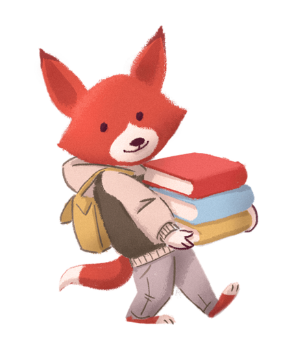 Illustration eines kleinen Fuchs mit Rucksack, Hose und Pullover, der einen Stapel Bücher trägt.
