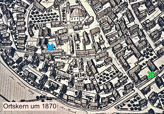 Karte des Ortskerns Ober-Roden mit beiden Mühlen. Die Mainzer Mühle wird mit einem blauen X gekennzeichnet, die Hanauer Mühle wird mit einem grünen X gekennzeichnet.